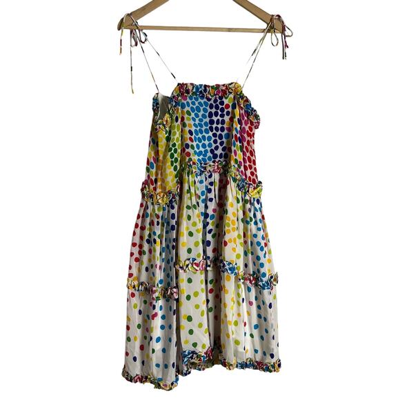 All Things Mochi Blessica Rainbow Polka Dot Print Tiered Silk Mini Dress Sz S - Picture 13 of 16